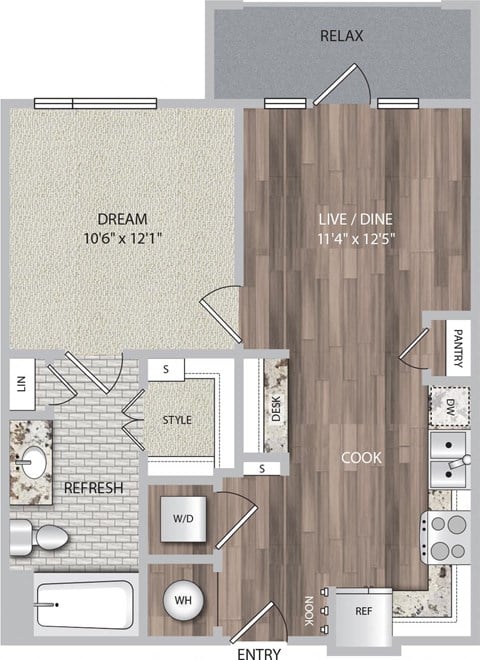 Floor plan for 1 bed, 1 bath, 626 sqft